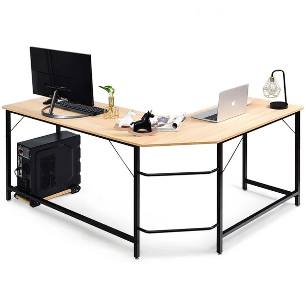 Bureau D'angle Grand Bureau en Forme de L Supporte D’unité Centrale en Bois et Métal 168x125x74cm Couleur de Bois/Noir/Marron