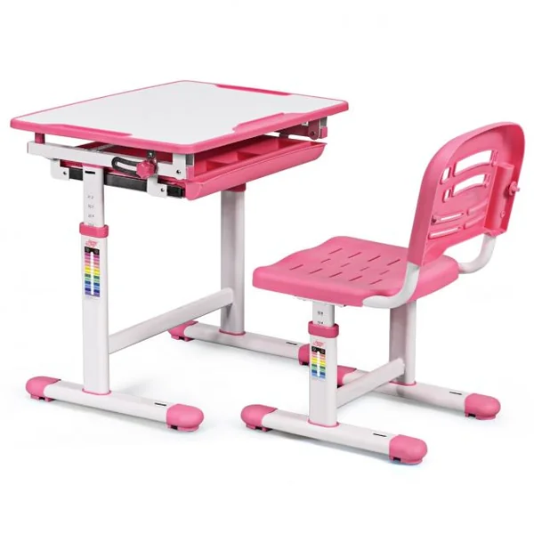 Bureau Enfant Ergonomique Hauteur et angle réglable 0-40° Ensemble Table avec Chaises Table à Dessin avec 1 Tiroir, Rose