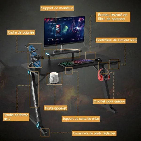 Bureau Gamer Surface en Fibre de Carbone Lumières RVB avec Porte-Gobelet Crochet pour Casque