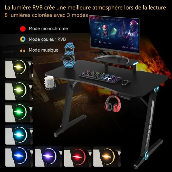 Bureau Gamer Surface en Fibre de Carbone Lumières RVB avec Porte-Gobelet Crochet pour Casque