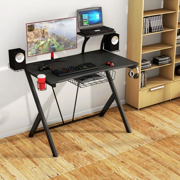 Bureau Gaming Bureau de Jeu pour Gamer avec Tablettes et Rangements en Acier et Mdf 106x595x1015cm Noir