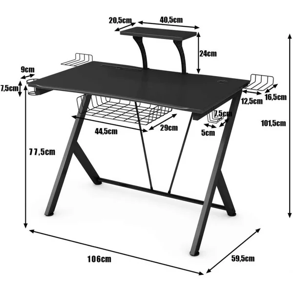 Bureau Gaming Bureau de Jeu pour Gamer avec Tablettes et Rangements en Acier et Mdf 106x595x1015cm Noir