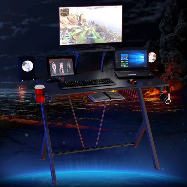 Bureau Gaming Bureau de Jeu pour Gamer avec Tablettes et Rangements en Acier et Mdf 106x595x1015cm Noir