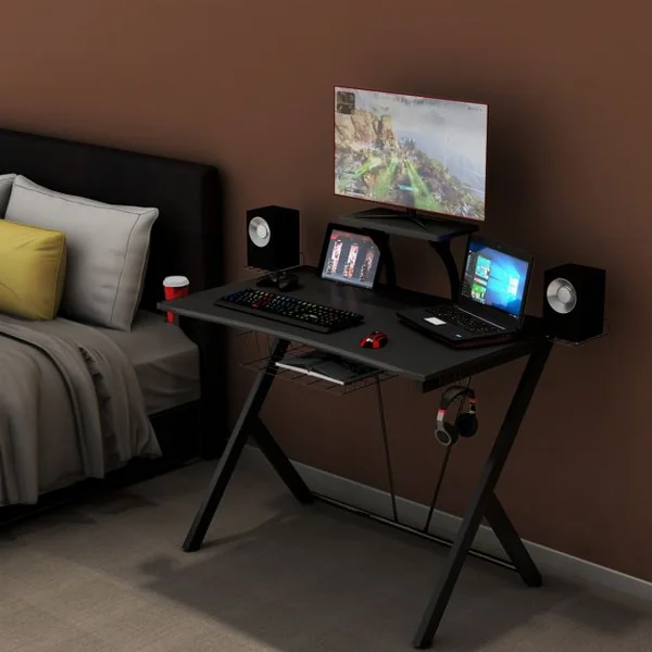 Bureau Gaming Bureau de Jeu pour Gamer avec Tablettes et Rangements en Acier et Mdf 106x595x1015cm Noir