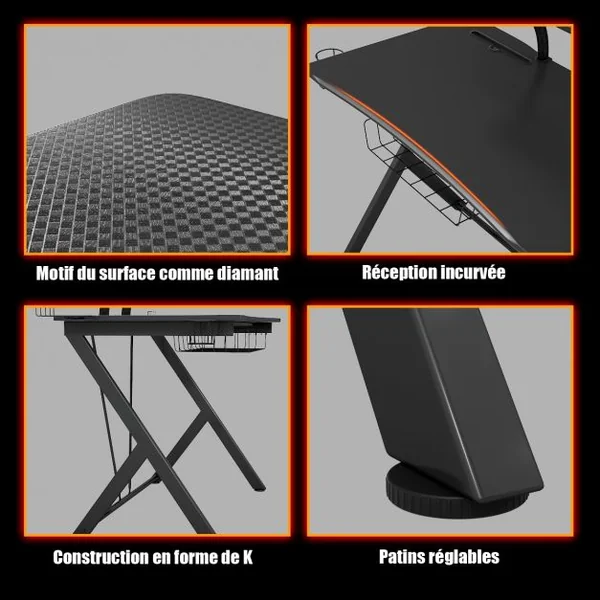 Bureau Gaming Bureau de Jeu pour Gamer avec Tablettes et Rangements en Acier et Mdf 106x595x1015cm Noir