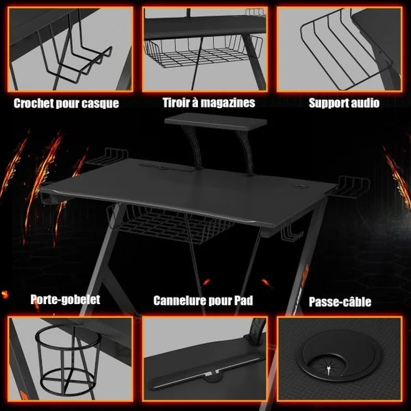 Bureau Gaming Bureau de Jeu pour Gamer avec Tablettes et Rangements en Acier et Mdf 106x595x1015cm Noir