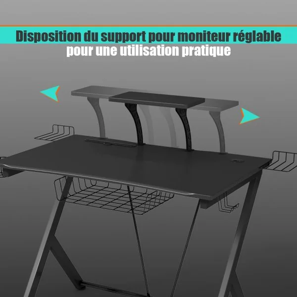 Bureau Gaming Bureau de Jeu pour Gamer avec Tablettes et Rangements en Acier et Mdf 106x595x1015cm Noir
