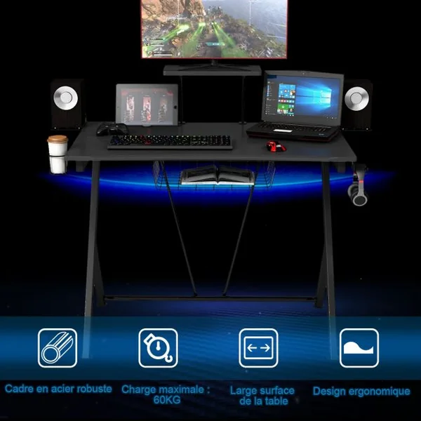 Bureau Gaming Bureau de Jeu pour Gamer avec Tablettes et Rangements en Acier et Mdf 106x595x1015cm Noir