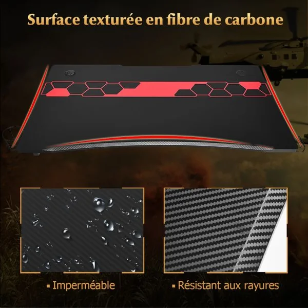 Bureau Gaming Bureau de Jeu pour Gamer Crochet pour Casque Porte-gobelet en MDF Tubes en Acier 115x66x77cm Noir+Rouge