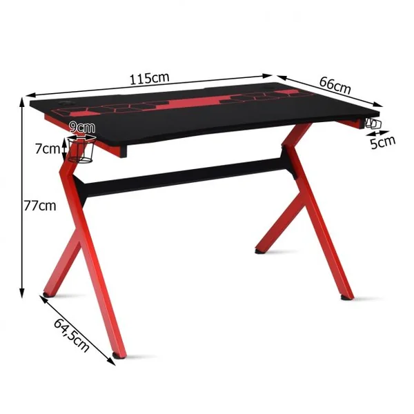 Bureau Gaming Bureau de Jeu pour Gamer Crochet pour Casque Porte-gobelet en MDF Tubes en Acier 115x66x77cm Noir+Rouge