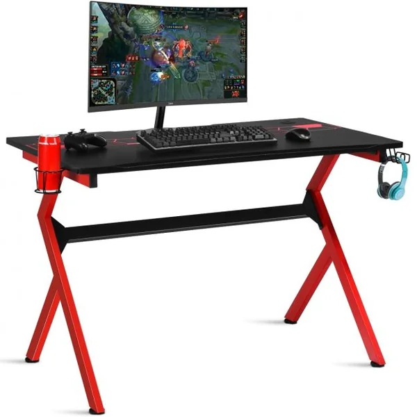 Bureau Gaming Bureau de Jeu pour Gamer Crochet pour Casque Porte-gobelet en MDF Tubes en Acier 115x66x77cm Noir+Rouge