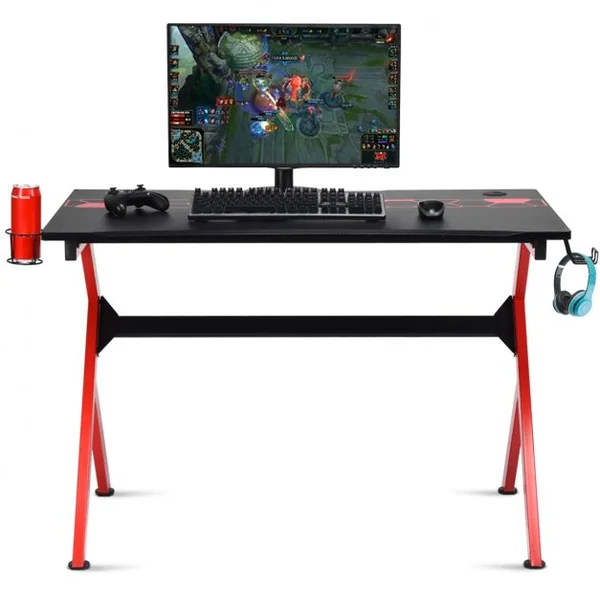 Bureau Gaming Bureau de Jeu pour Gamer Crochet pour Casque Porte-gobelet en MDF Tubes en Acier 115x66x77cm Noir+Rouge