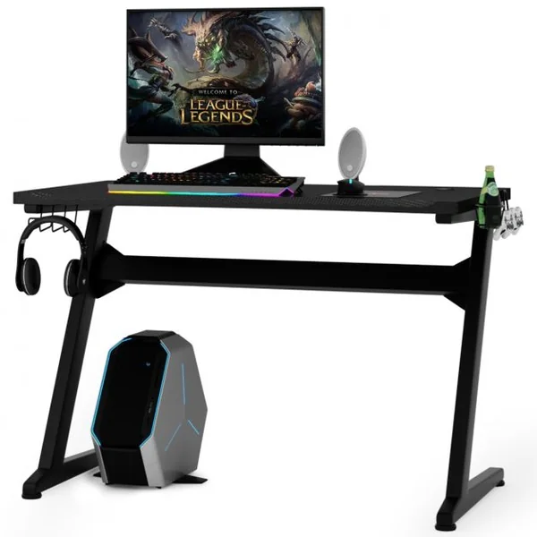 Bureau Gaming Bureau de Jeu pour Gamer Porte Gobelet et Écouteur Tapis de Souris en Mdf et Fer 115x60x76cm Noir