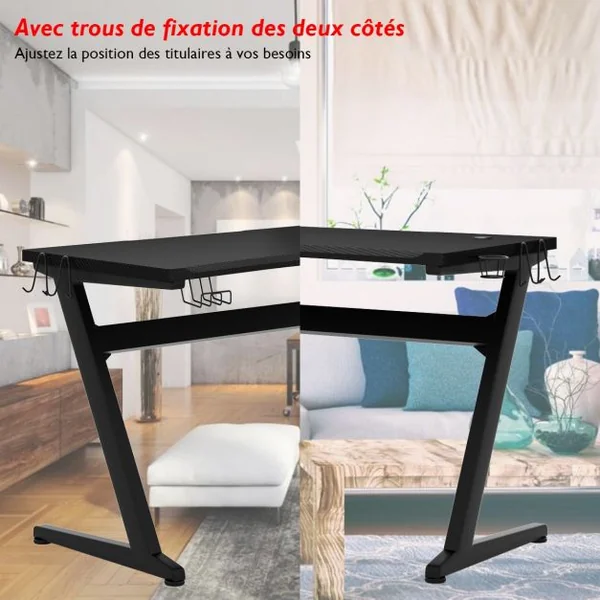 Bureau Gaming Bureau de Jeu pour Gamer Porte Gobelet et Écouteur Tapis de Souris en Mdf et Fer 115x60x76cm Noir