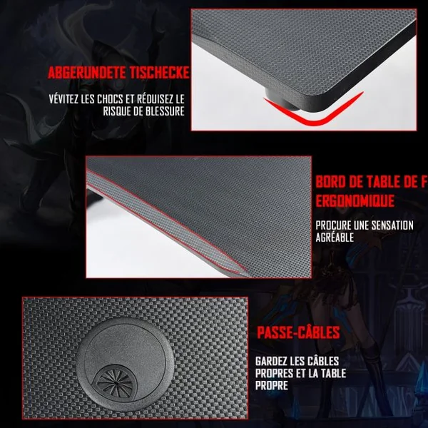 Bureau Gaming Bureau de Jeu pour Gamer Porte Gobelet et Écouteur Tapis de Souris en Mdf et Fer 115x60x76cm Noir