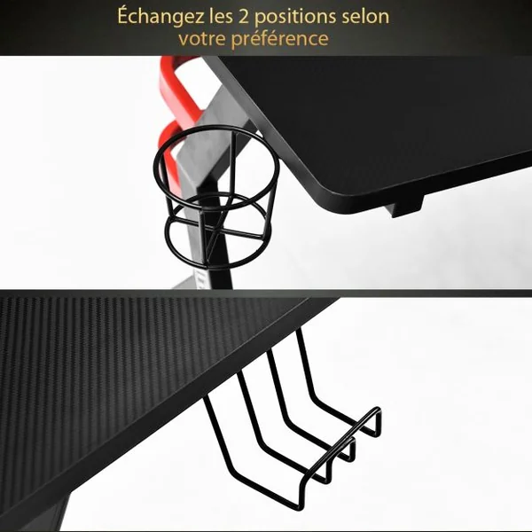Bureau Gaming Porte-gobelet Crochet pour Casque Etagère pour Ecran Support Audio Manette en MDF Métal 120x60x97cm Noir