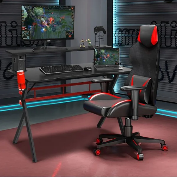 Bureau Gaming Porte-gobelet Crochet pour Casque Etagère pour Ecran Support Audio Manette en MDF Métal 120x60x97cm Noir