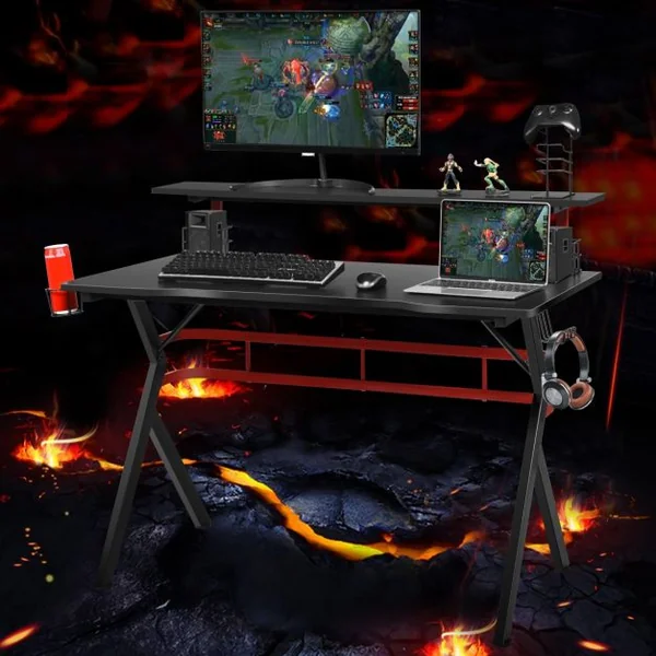 Bureau Gaming Porte-gobelet Crochet pour Casque Etagère pour Ecran Support Audio Manette en MDF Métal 120x60x97cm Noir