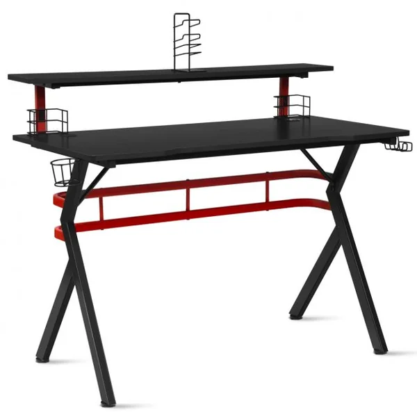 Bureau Gaming Porte-gobelet Crochet pour Casque Etagère pour Ecran Support Audio Manette en MDF Métal 120x60x97cm Noir
