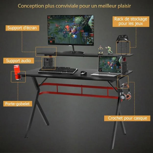 Bureau Gaming Porte-gobelet Crochet pour Casque Etagère pour Ecran Support Audio Manette en MDF Métal 120x60x97cm Noir