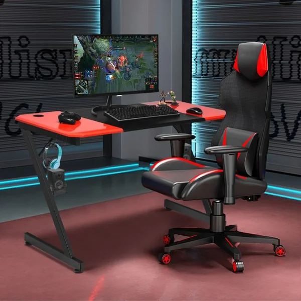 Bureau Gaming Porte-gobelet Crochet pour Ecouteurs Supports Audio Surface en Fibre de Carbone 120x60x76cm Noir+Rouge