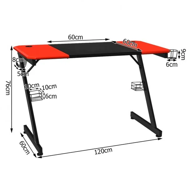 Bureau Gaming Porte-gobelet Crochet pour Ecouteurs Supports Audio Surface en Fibre de Carbone 120x60x76cm Noir+Rouge