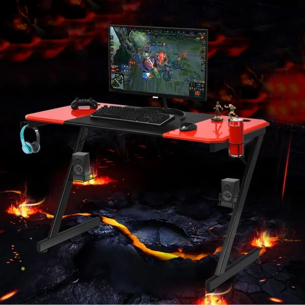 Bureau Gaming Porte-gobelet Crochet pour Ecouteurs Supports Audio Surface en Fibre de Carbone 120x60x76cm Noir+Rouge