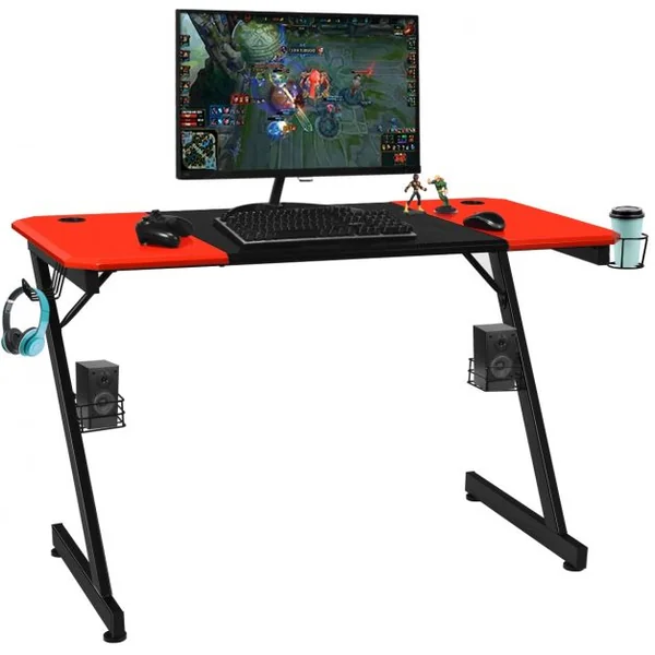 Bureau Gaming Porte-gobelet Crochet pour Ecouteurs Supports Audio Surface en Fibre de Carbone 120x60x76cm Noir+Rouge