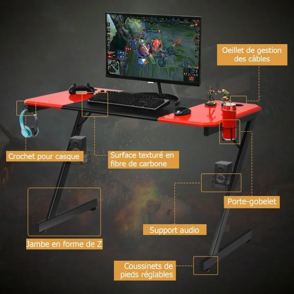 Bureau Gaming Porte-gobelet Crochet pour Ecouteurs Supports Audio Surface en Fibre de Carbone 120x60x76cm Noir+Rouge