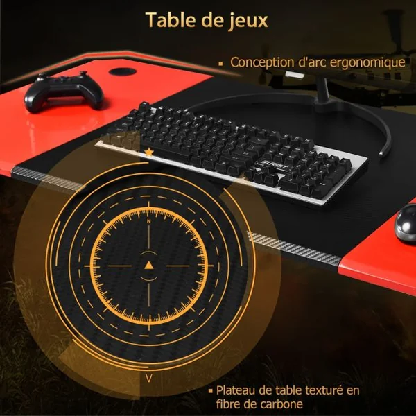 Bureau Gaming Porte-gobelet Crochet pour Ecouteurs Supports Audio Surface en Fibre de Carbone 120x60x76cm Noir+Rouge