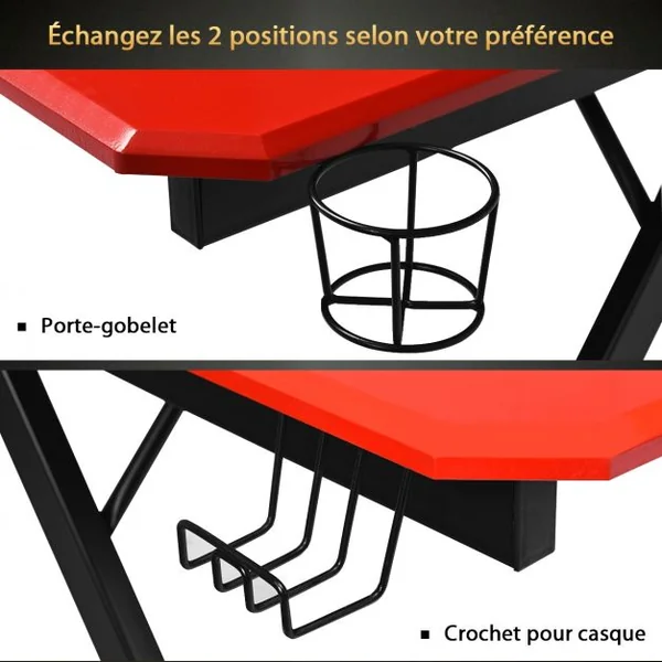 Bureau Gaming Porte-gobelet Crochet pour Ecouteurs Supports Audio Surface en Fibre de Carbone 120x60x76cm Noir+Rouge