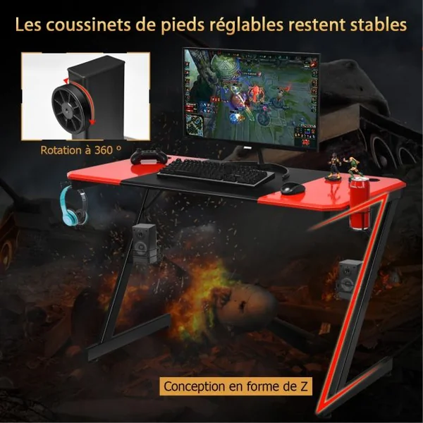 Bureau Gaming Porte-gobelet Crochet pour Ecouteurs Supports Audio Surface en Fibre de Carbone 120x60x76cm Noir+Rouge