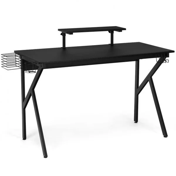 Bureau Gaming Porte-gobelet Etagère Réglable Supports Audio Surface en Fibre de Carbone 120x55x90,5-99,5cm Noir