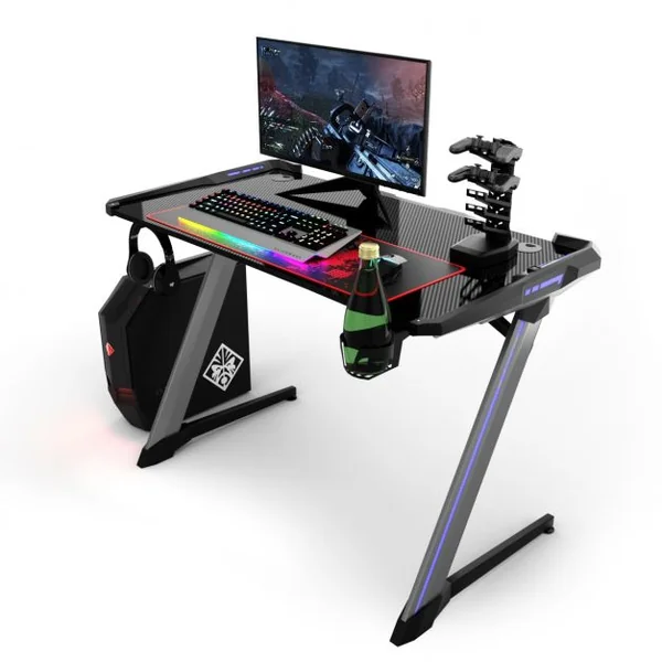 Bureau Gaming Table de Jeu Gamer Interface Usb 5v/2a et 6 Lumières Rgb en 3 Modes Capacité 150 Kg 120x72x75cm Noir