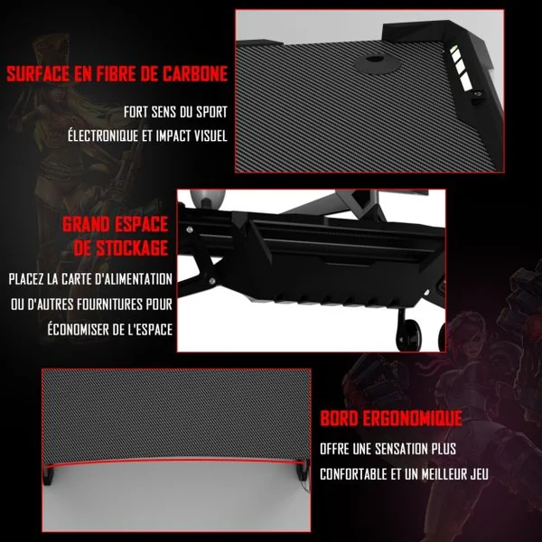 Bureau Gaming Table de Jeu Gamer Interface Usb 5v/2a et 6 Lumières Rgb en 3 Modes Capacité 150 Kg 120x72x75cm Noir