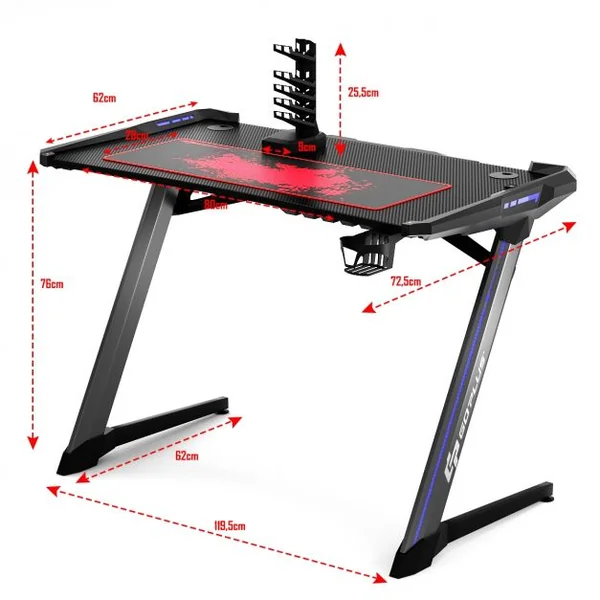 Bureau Gaming Table de Jeu Gamer Interface Usb 5v/2a et 6 Lumières Rgb en 3 Modes Capacité 150 Kg 120x72x75cm Noir