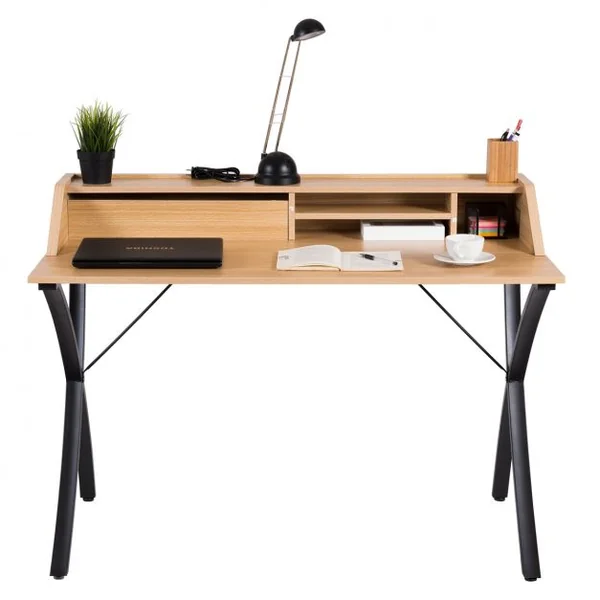 Bureau informatique avec rangements, Bureau pour ordinateur Meuble de bureau style simple, MDF, long 120 cm, Naturel&Noir