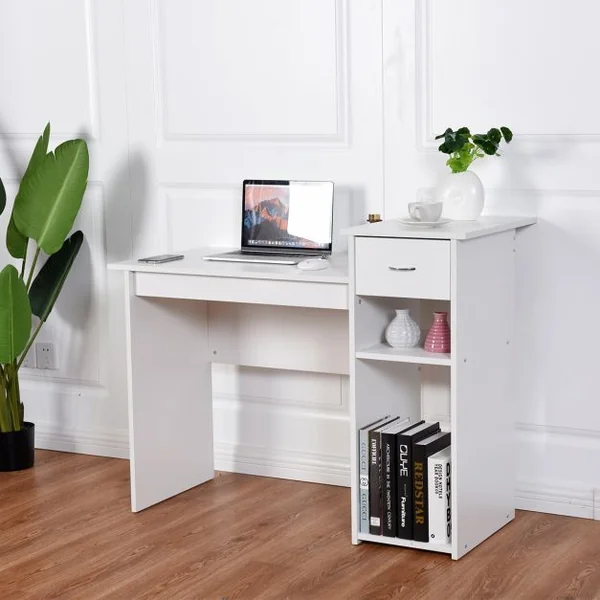 Bureau Informatique avec Tiroir et 2 Compartiments de Rangement Bureau Peu Encombrant en MDF, 108x39,5x82cm, Blanc