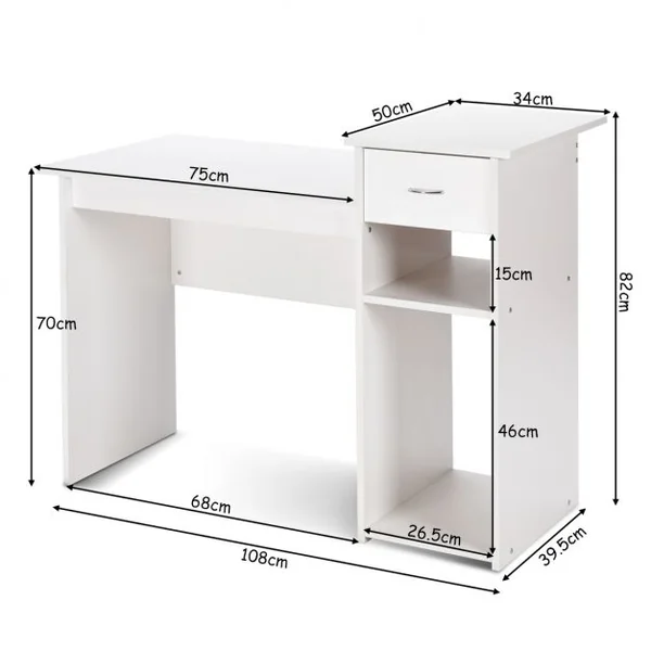 Bureau Informatique avec Tiroir et 2 Compartiments de Rangement Bureau Peu Encombrant en MDF, 108x39,5x82cm, Blanc