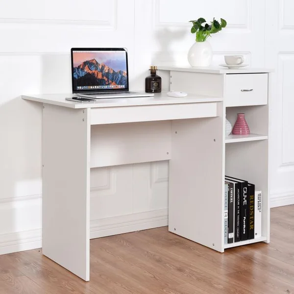 Bureau Informatique avec Tiroir et 2 Compartiments de Rangement Bureau Peu Encombrant en MDF, 108x39,5x82cm, Blanc