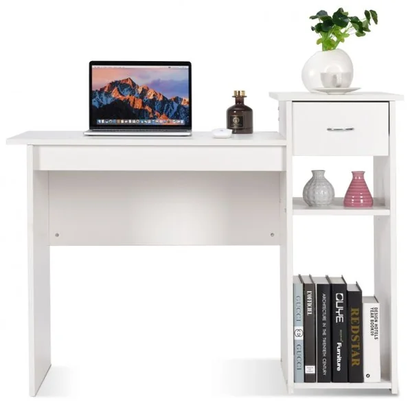Bureau Informatique avec Tiroir et 2 Compartiments de Rangement Bureau Peu Encombrant en MDF, 108x39,5x82cm, Blanc