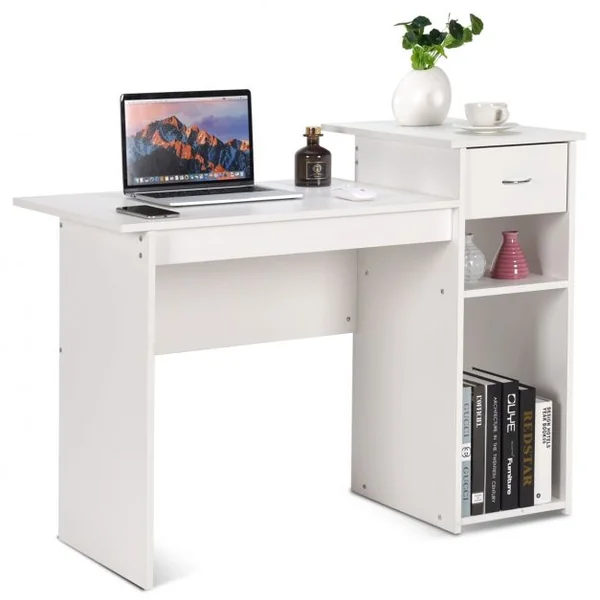 Bureau Informatique avec Tiroir et 2 Compartiments de Rangement Bureau Peu Encombrant en MDF, 108x39,5x82cm, Blanc