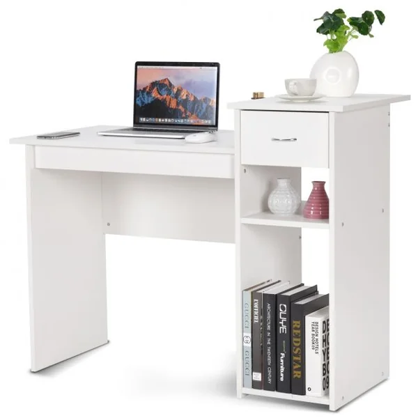 Bureau Informatique avec Tiroir et 2 Compartiments de Rangement Bureau Peu Encombrant en MDF, 108x39,5x82cm, Blanc