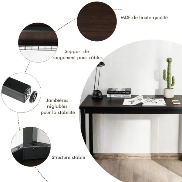 Bureau Informatique Bureau d'Études avec Range-câble Capacité 60kg en Métal+stratifié Mélaminé107x56,5x74cm Noyer