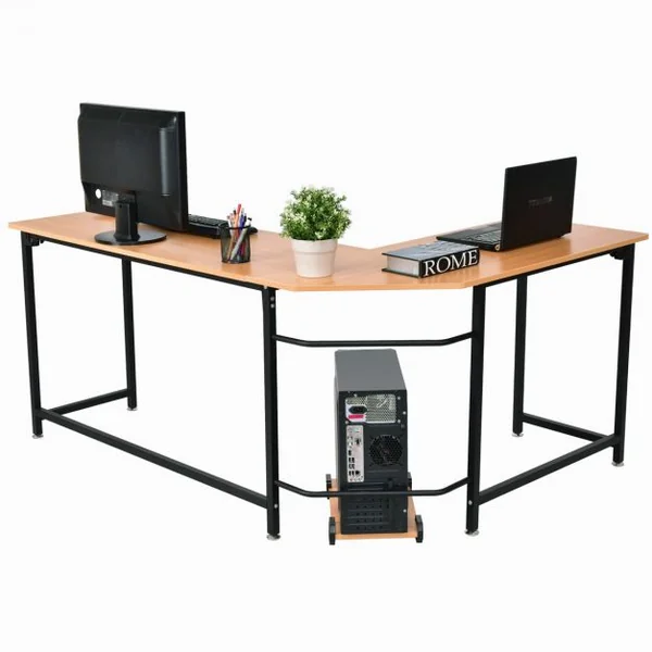 Bureau Informatique D’angle avec Support d’UC en Aggloméré et Métal Capacité 100 Kg 168x120x75cm Couleur Hêtre