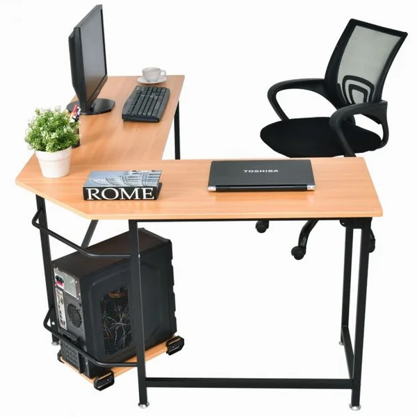 Bureau Informatique D’angle avec Support d’UC en Aggloméré et Métal Capacité 100 Kg 168x120x75cm Couleur Hêtre