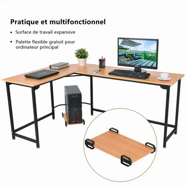 Bureau Informatique D’angle avec Support d’UC en Aggloméré et Métal Capacité 100 Kg 168x120x75cm Couleur Hêtre