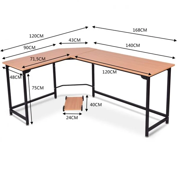 Bureau Informatique D’angle avec Support d’UC en Aggloméré et Métal Capacité 100 Kg 168x120x75cm Couleur Hêtre