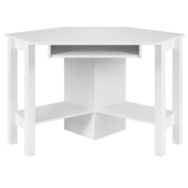 Bureau Informatique d’Angle Table d’Angle avec 2 Étagères et Tablette pour Clavier en Bois, 120x60x76,5cm, Blanc