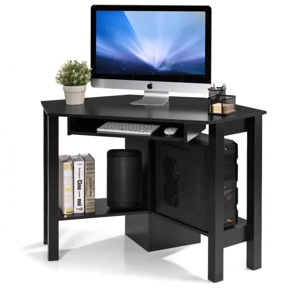 Bureau Informatique d’Angle Table d’Angle avec 2 Étagères et Tablette pour Clavier en Bois, 120x60x76,5cm, Blanc